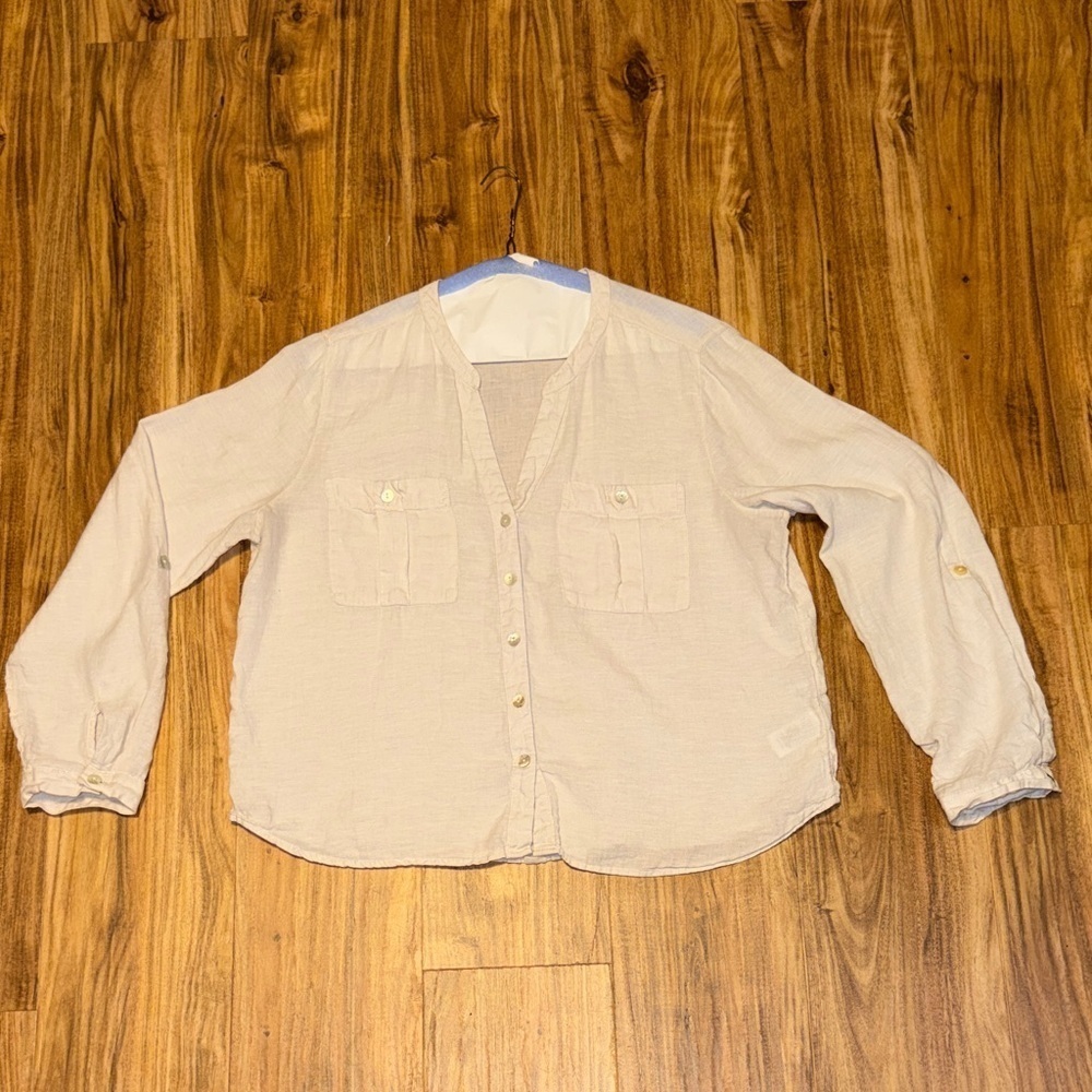 Nicole Miller women’s large 12 14 shirt button up Beige cream linen long 3/4